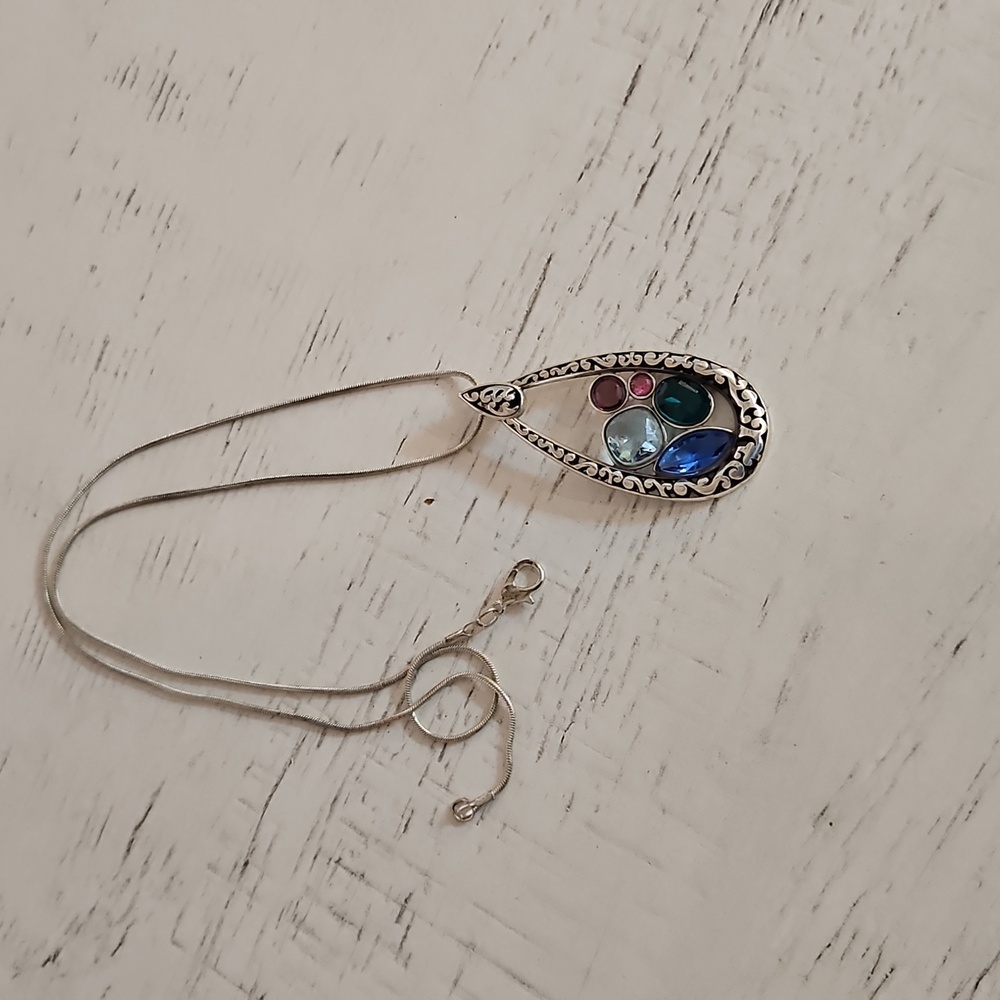 Brighton Elegant Silver Teardrop Pendant with Multicolor Gemstones - Picture 4 of 6